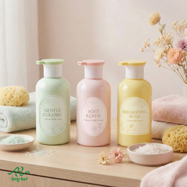 ขวดปั๊มพลาสติก รหัส Y3 ขนาด 300ml สีพาสเทล เขียว ชมพู และเหลือง สไตล์มินิมอล ร้านเฮงฮวด บรรจุภัณฑ์